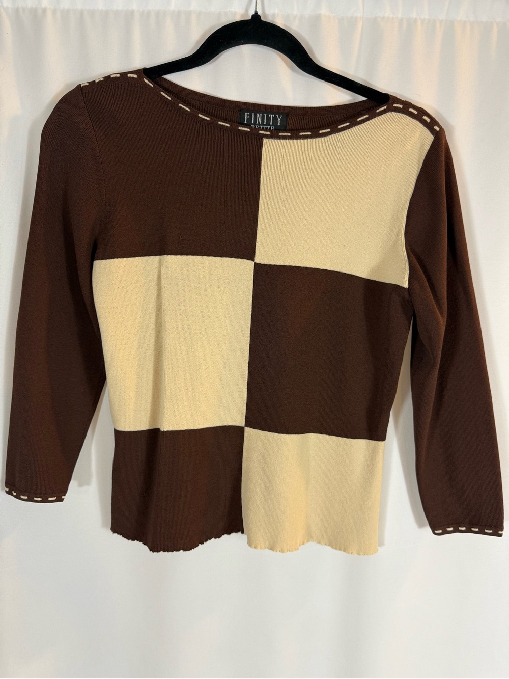 Vintage Finity Brown & Cream Checkerboard Long Sleeve Knit Top size: pL